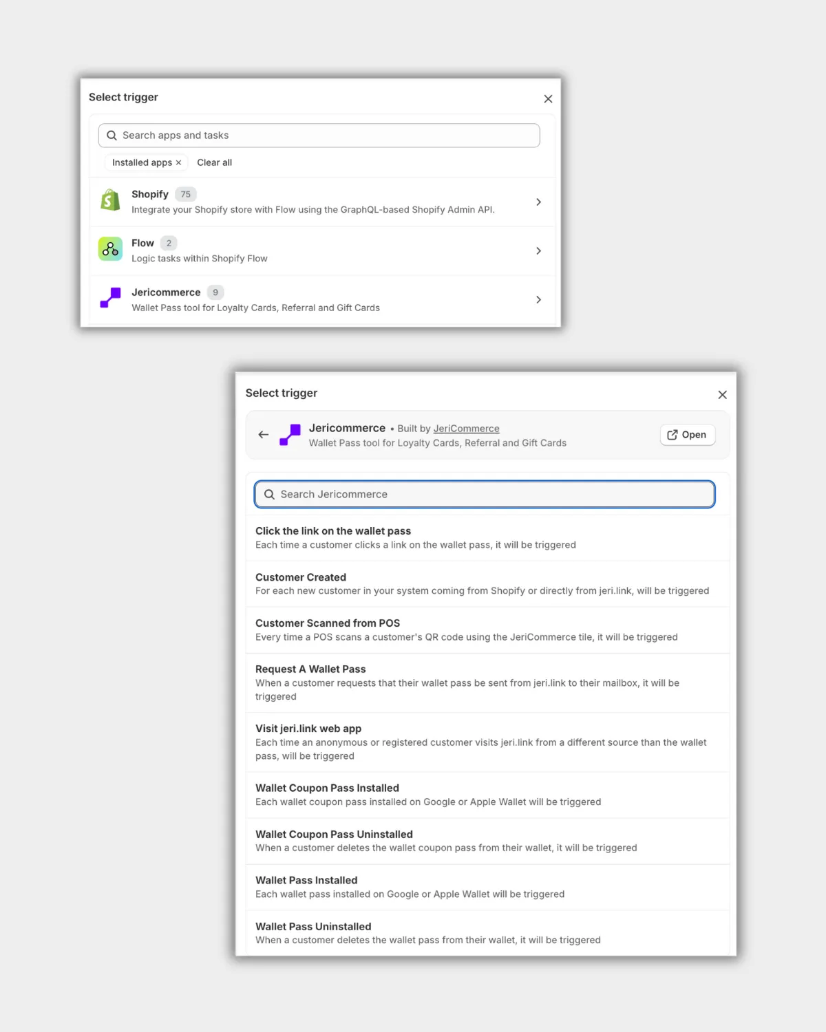 Selecting a JeriCommerce trigger in Shopify Flow
