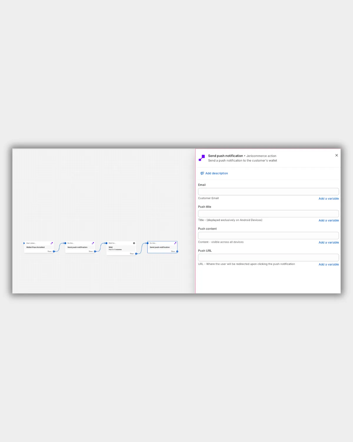 JeriCommerce push notification action setup