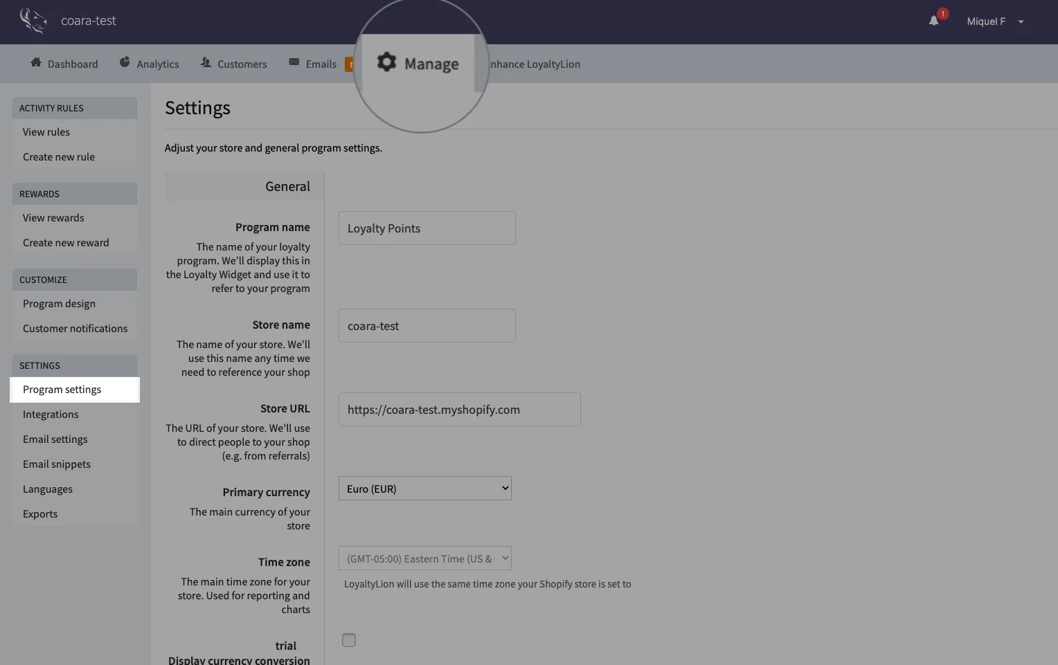 LoyaltyLion program settings tabs