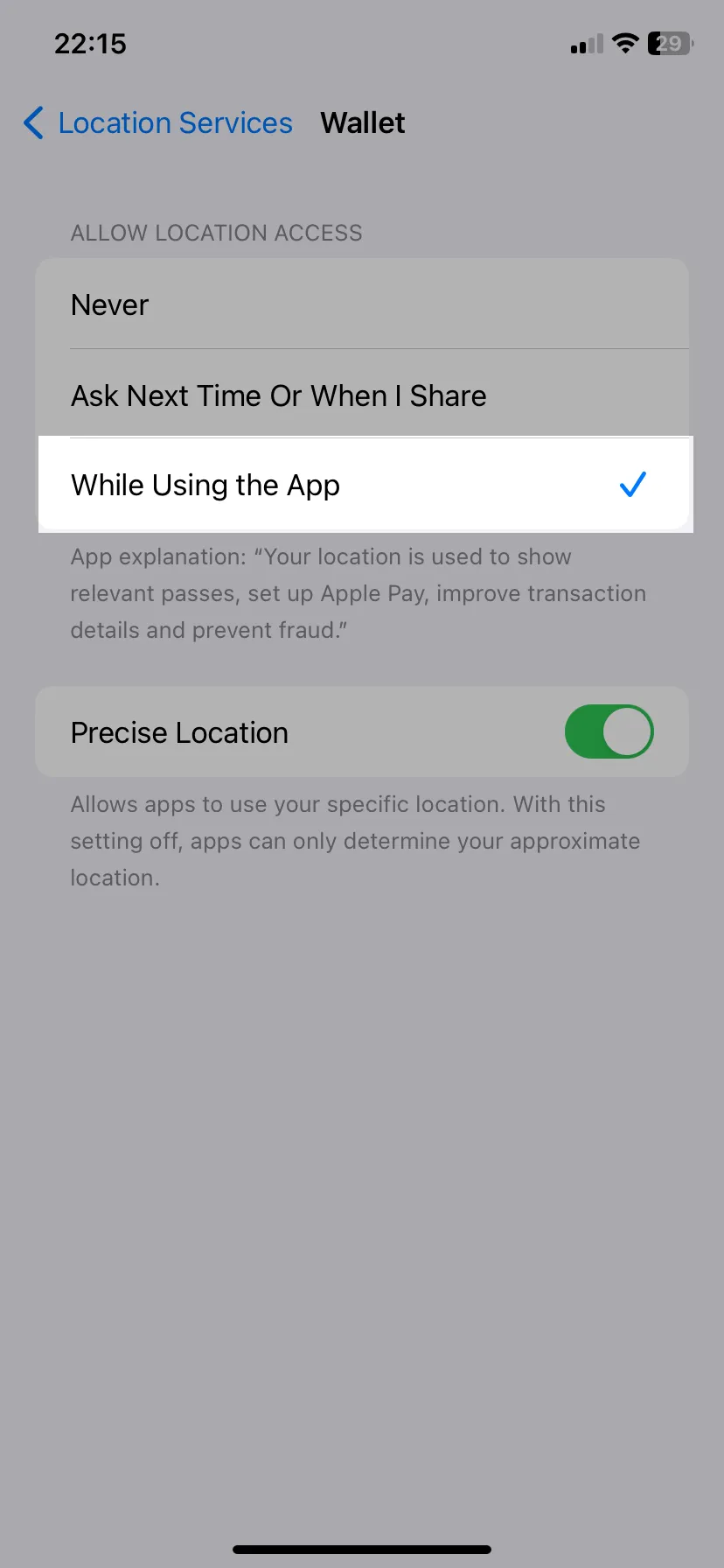 iOS location services settings for Wallet