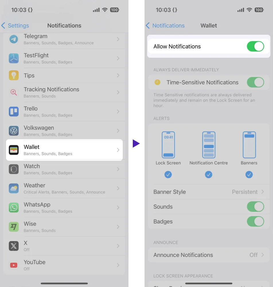 iOS notification settings for Wallet