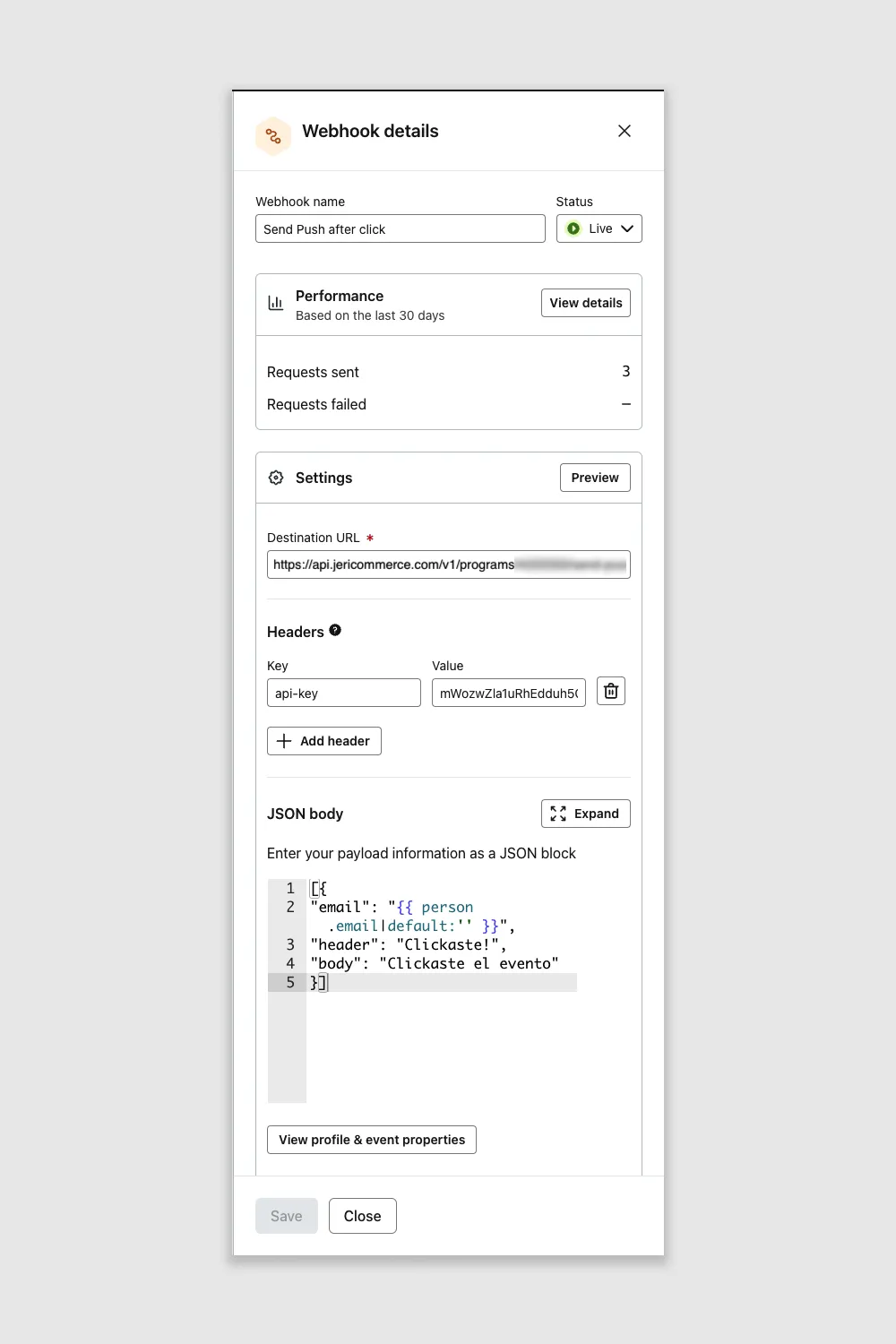 Webhook configuration in Klaviyo Flows