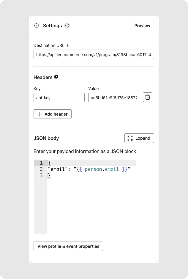 Webhook configuration in Klaviyo