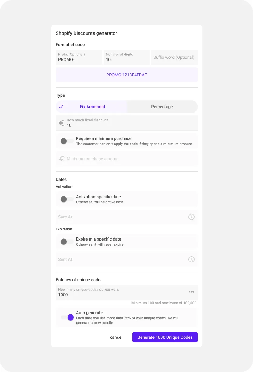 Create coupon modal dialog
