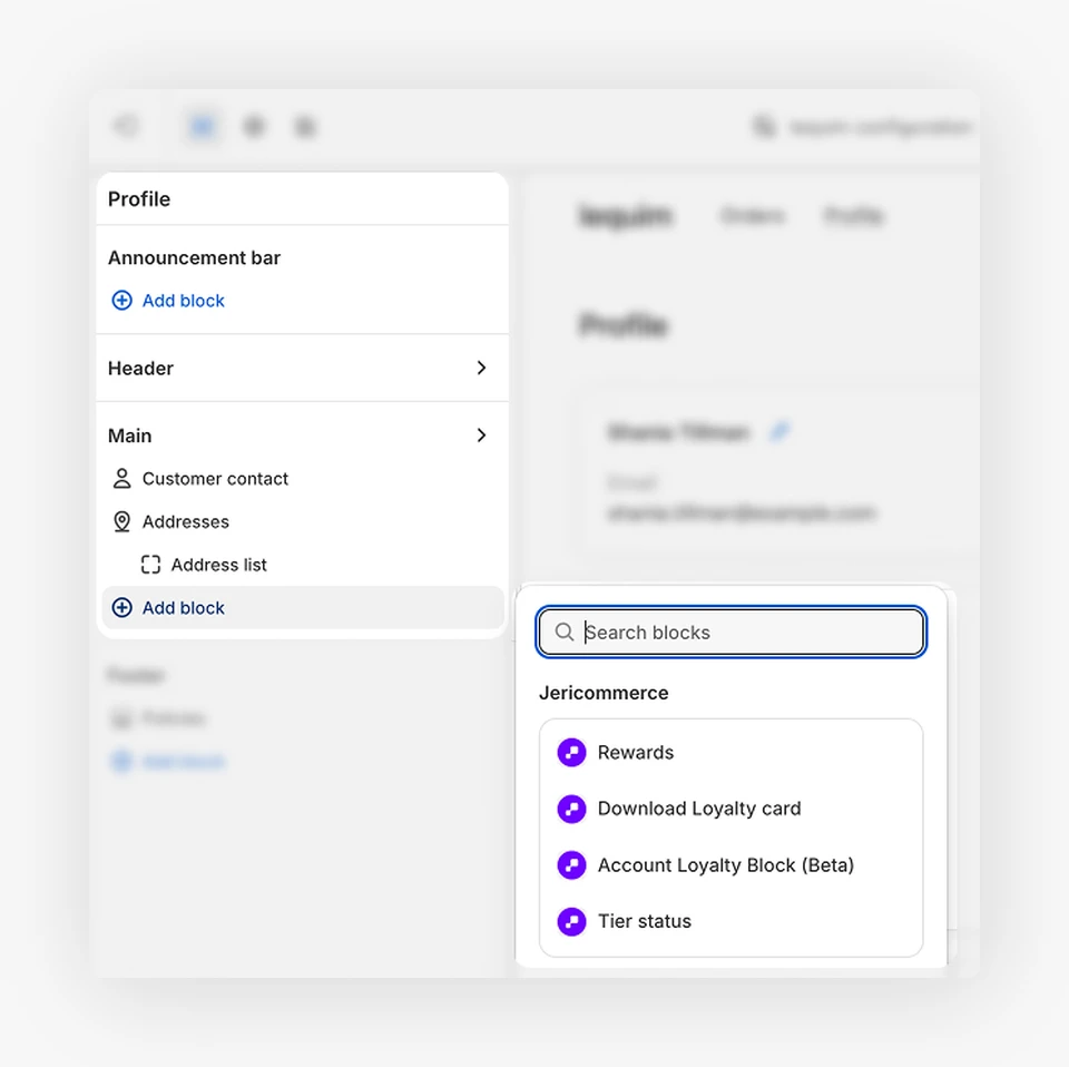 Adding the JeriCommerce Rewards block in the Shopify customer account editor