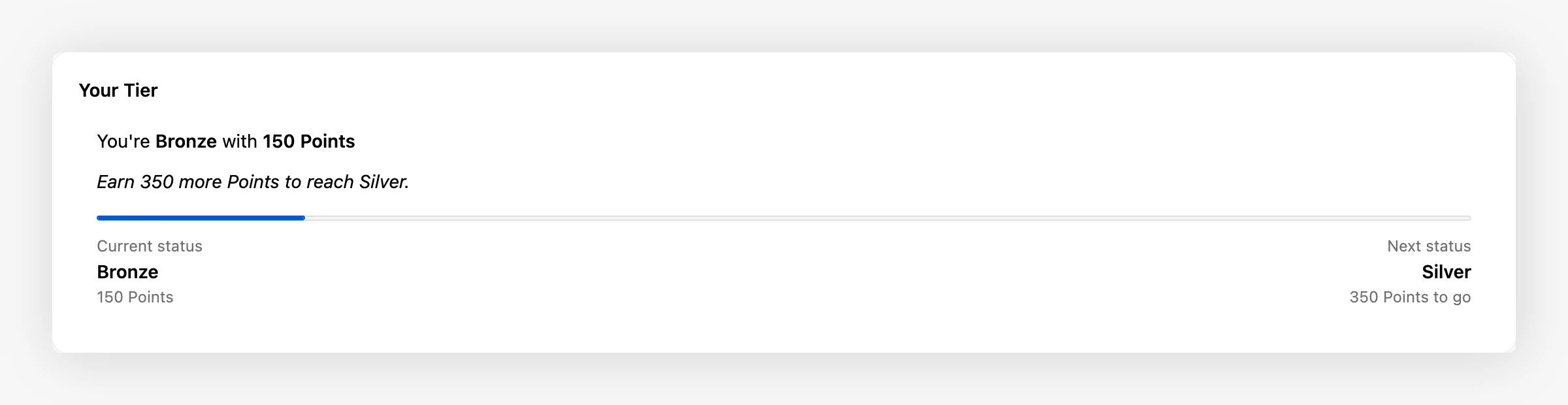 Tier status block on the Shopify customer account page showing Bronze tier and progress to Silver
