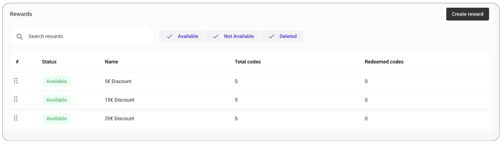 Rewards configuration page