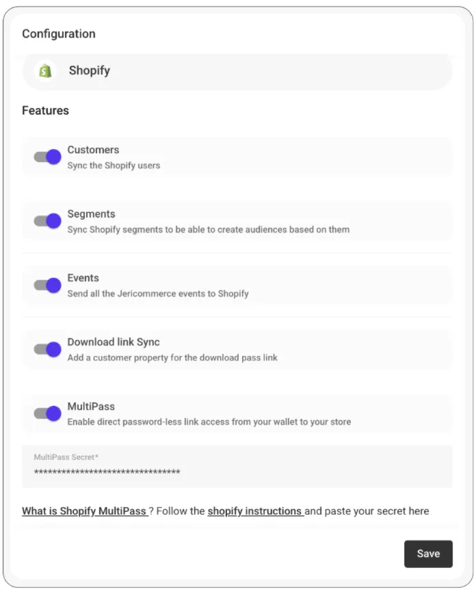 Shopify integration settings page