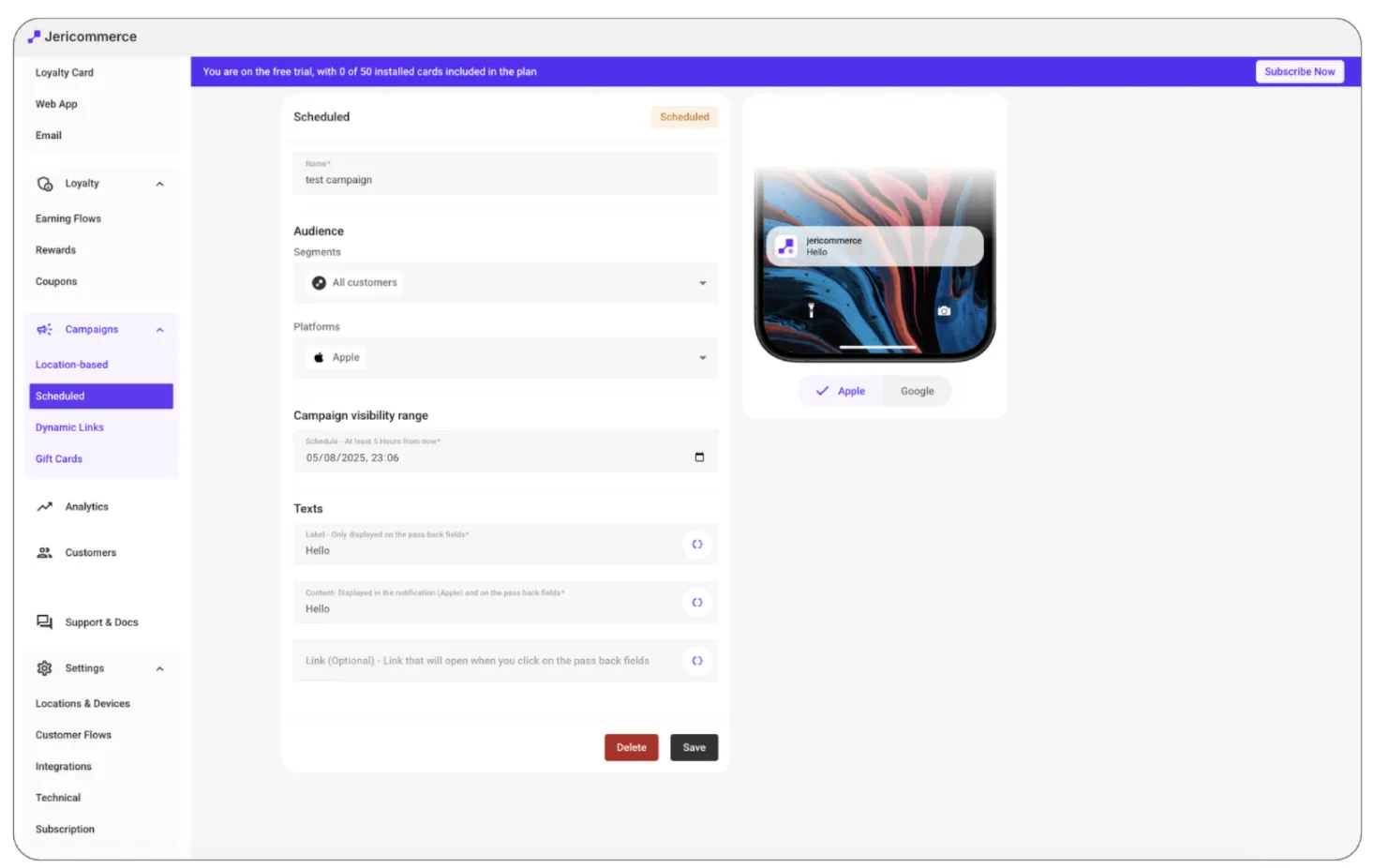 Scheduled campaigns page