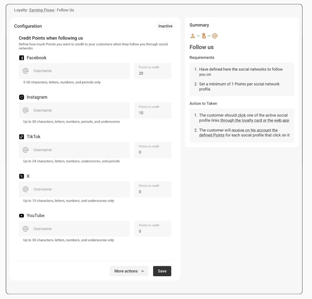 Credit points for social media follows settings