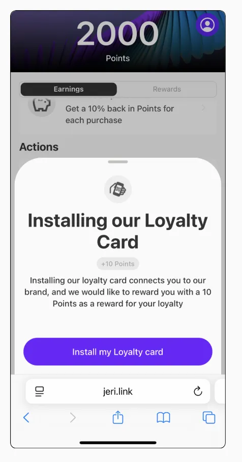 Customer rewards profile showing earned points