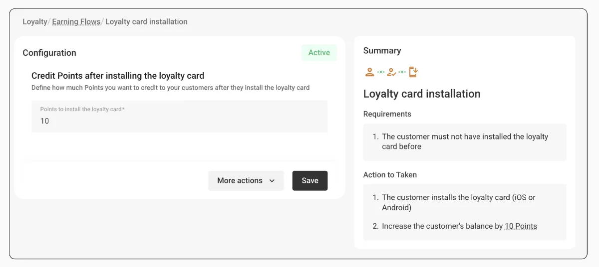 Credit points for loyalty card installation settings