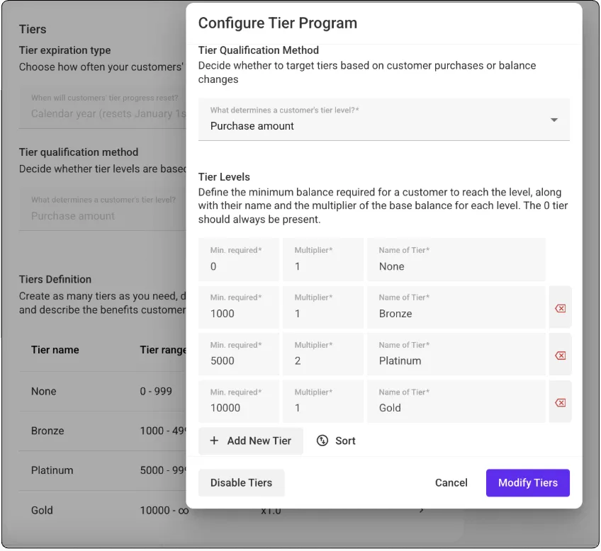 Tier system structure settings