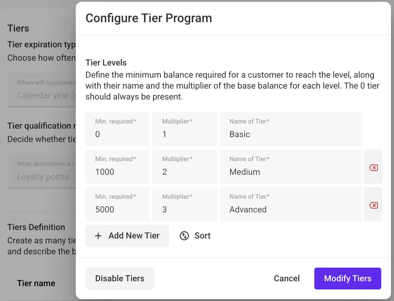 VIP tiers settings page