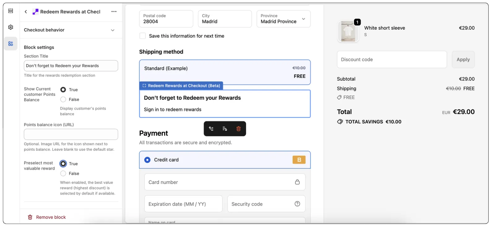 Checkout rewards extension Shopify settings
