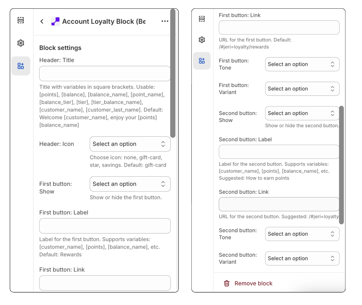 Account loyalty block Shopify editor settings