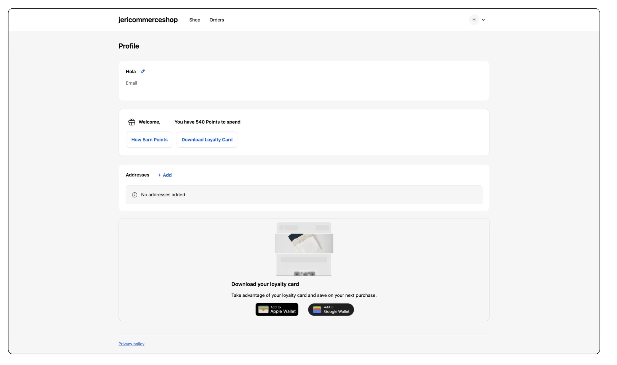 Shopify profile with loyalty extensions
