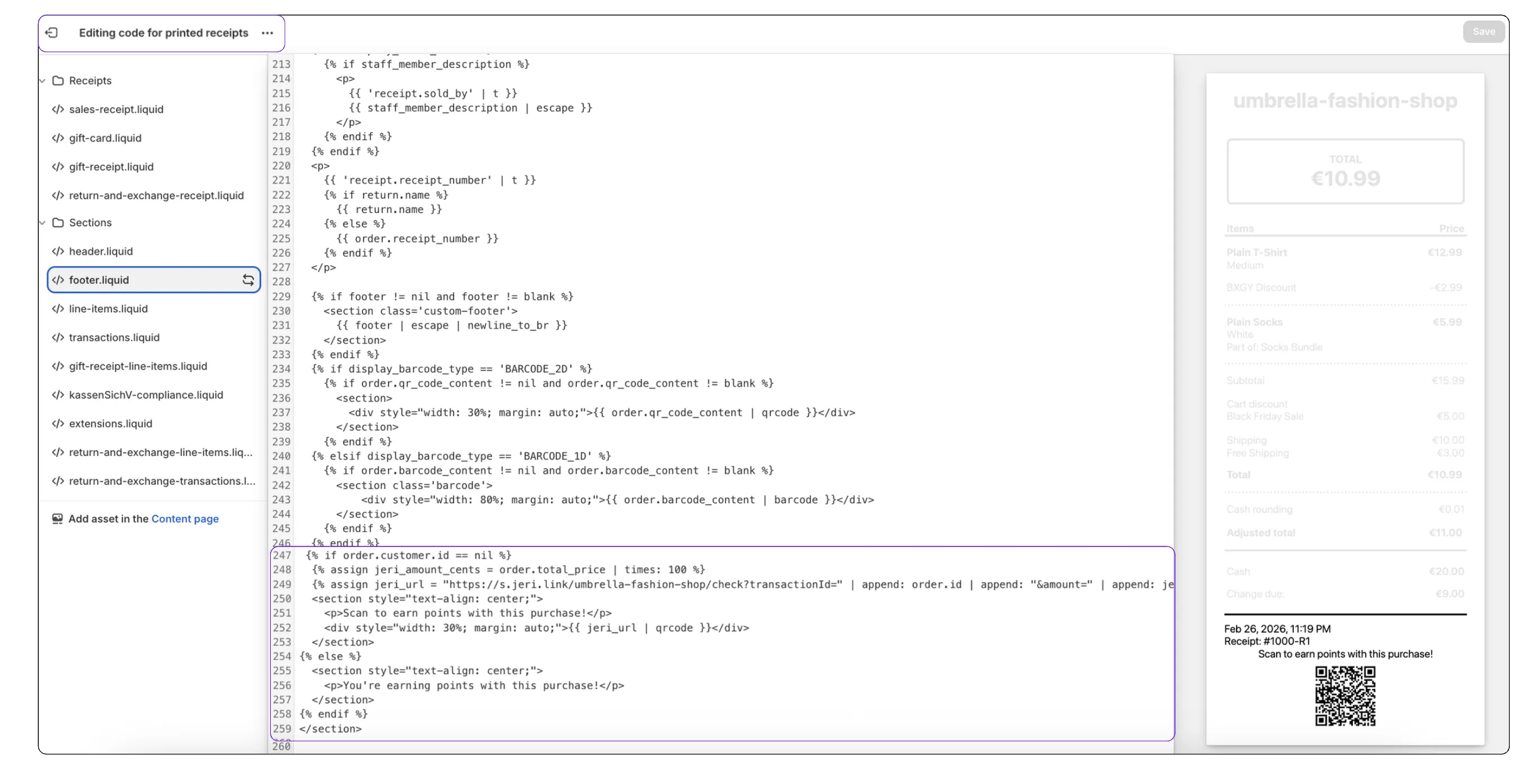 Shopify code editor for printed receipts