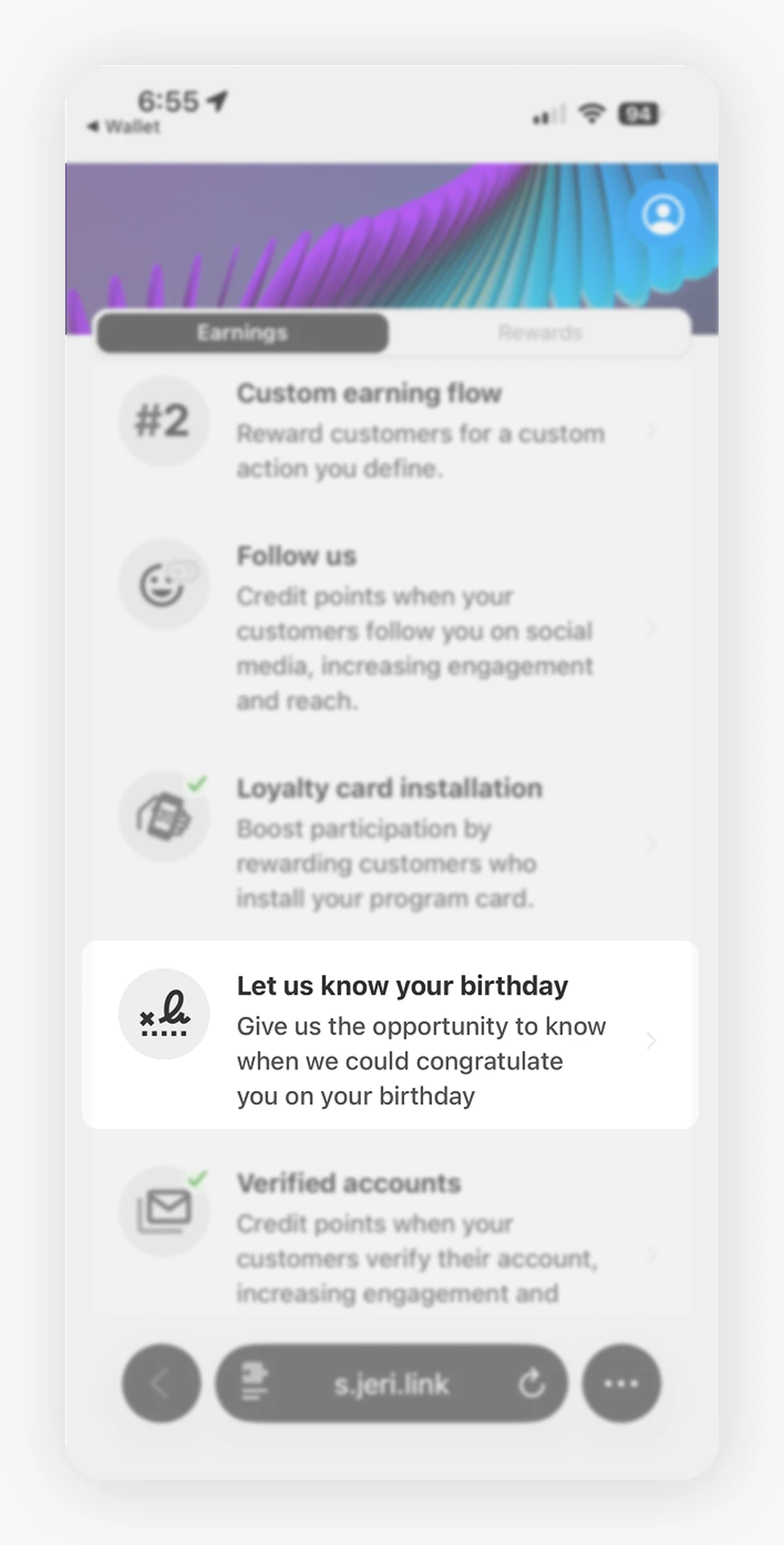 Complete profile card in the customer's earning flow list