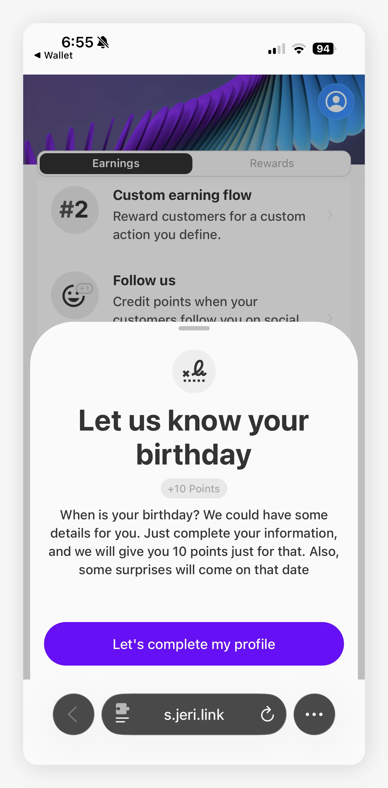 Complete profile preview modal with the call to action button