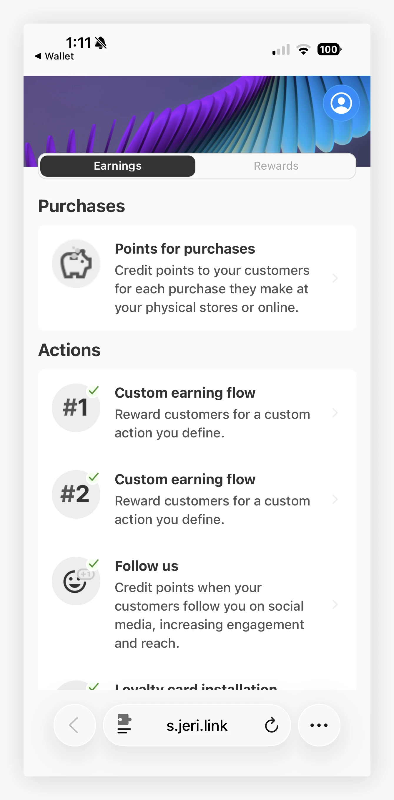 Custom earning flow card on the customer webapp