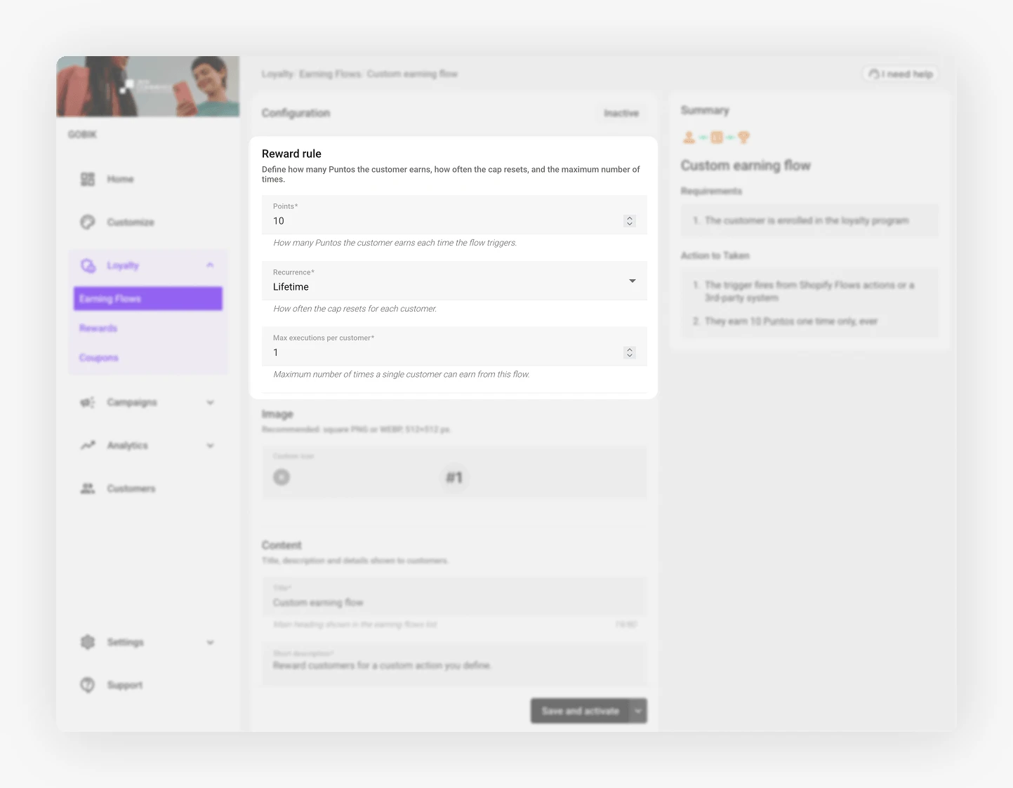 Custom earning flow editor showing the Reward rule section
