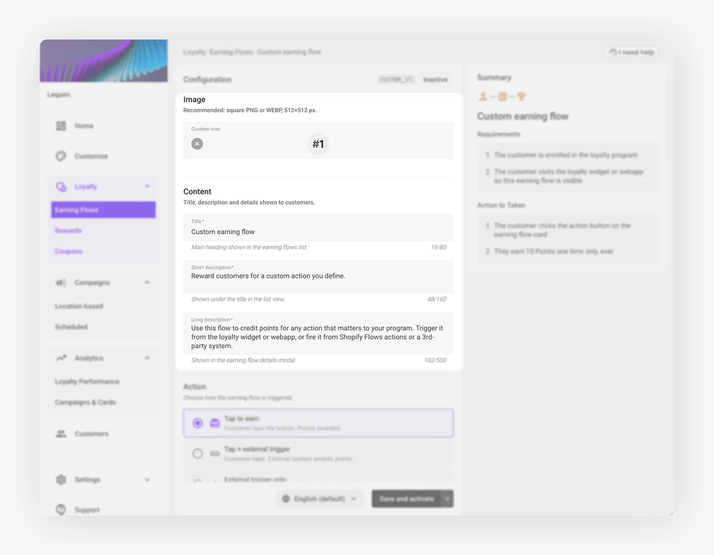 Custom earning flow editor showing the Display section