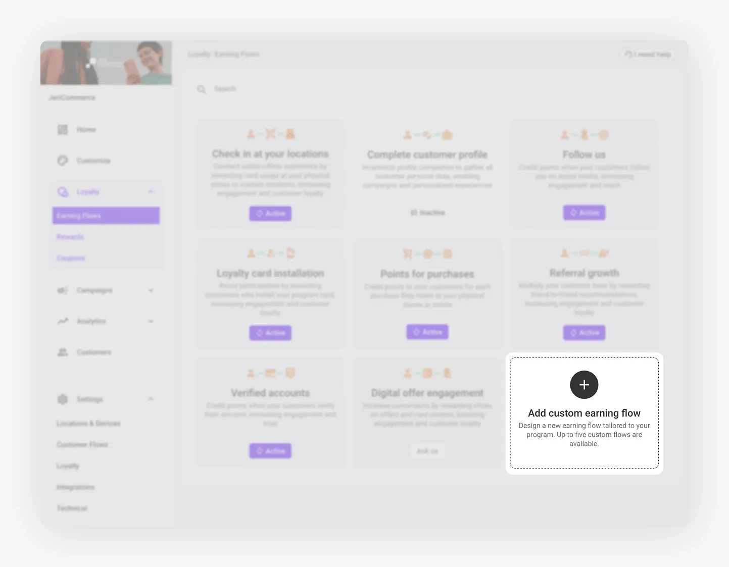 Earning Flows list with the Add custom earning flow placeholder