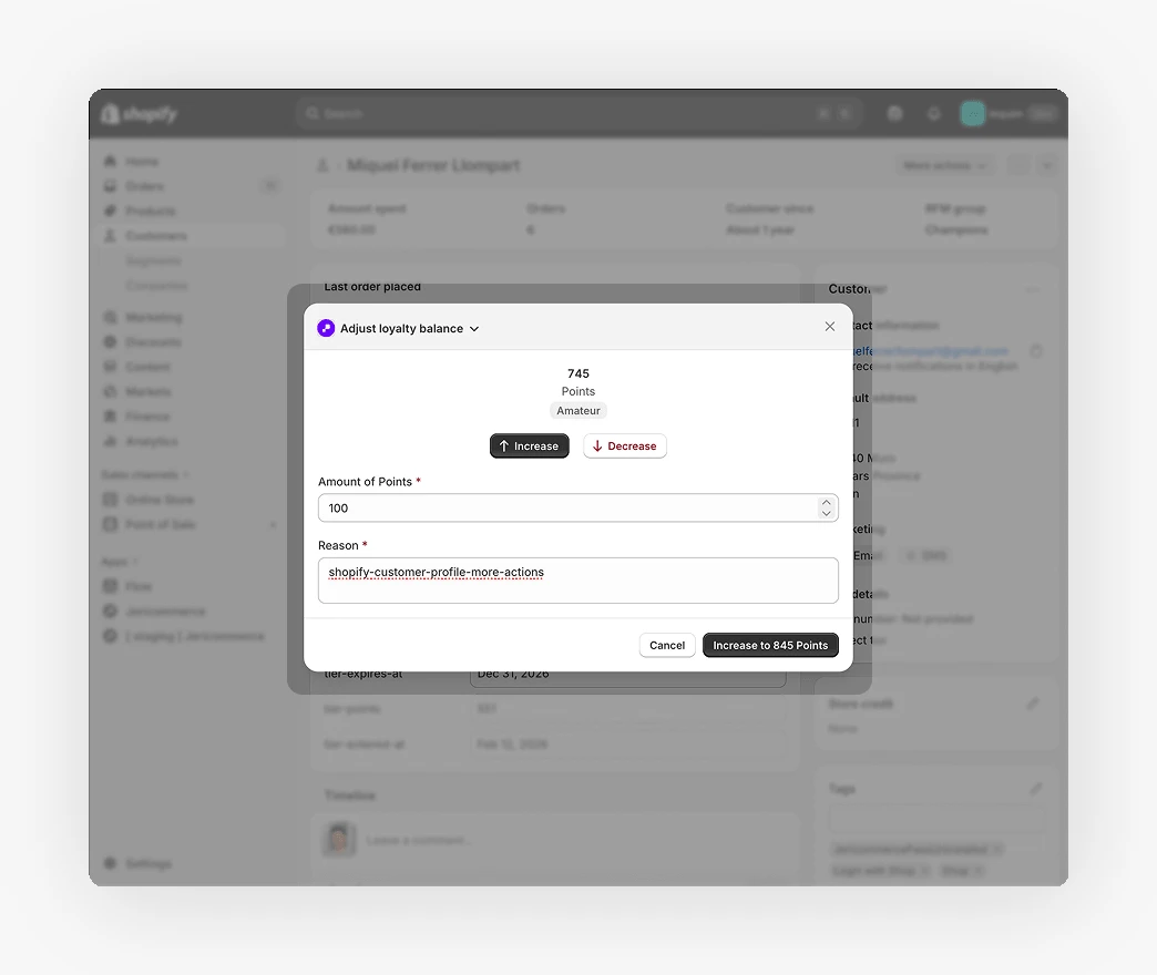 Adjust loyalty balance modal with amount and reason filled in