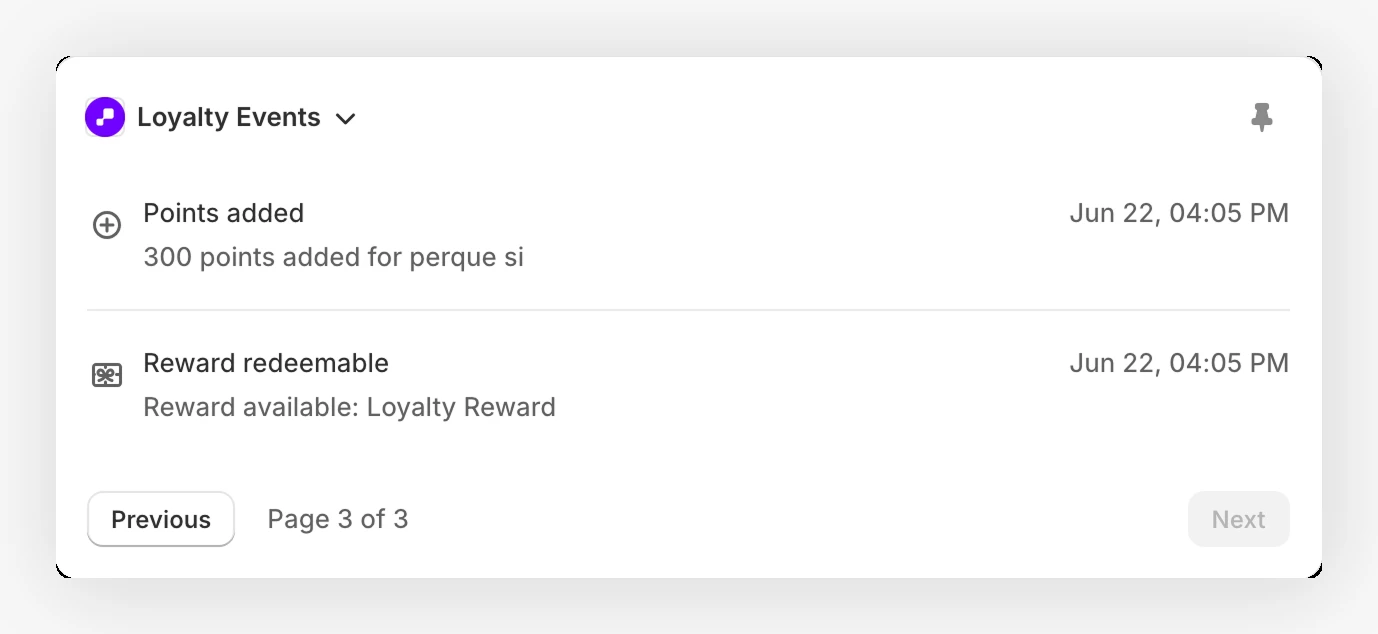 Shopify customer profile Loyalty Events block showing recent points and reward activity