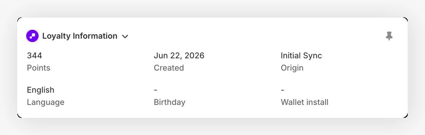 Shopify customer profile Loyalty Information block showing points, created date, origin, language, birthday, and wallet install