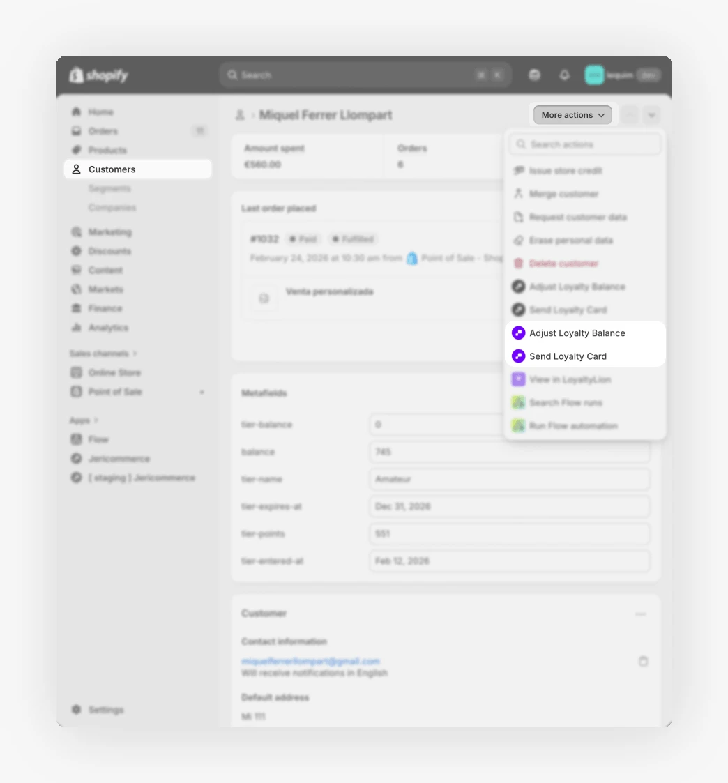 Shopify customer profile with the More actions menu showing the two new entries