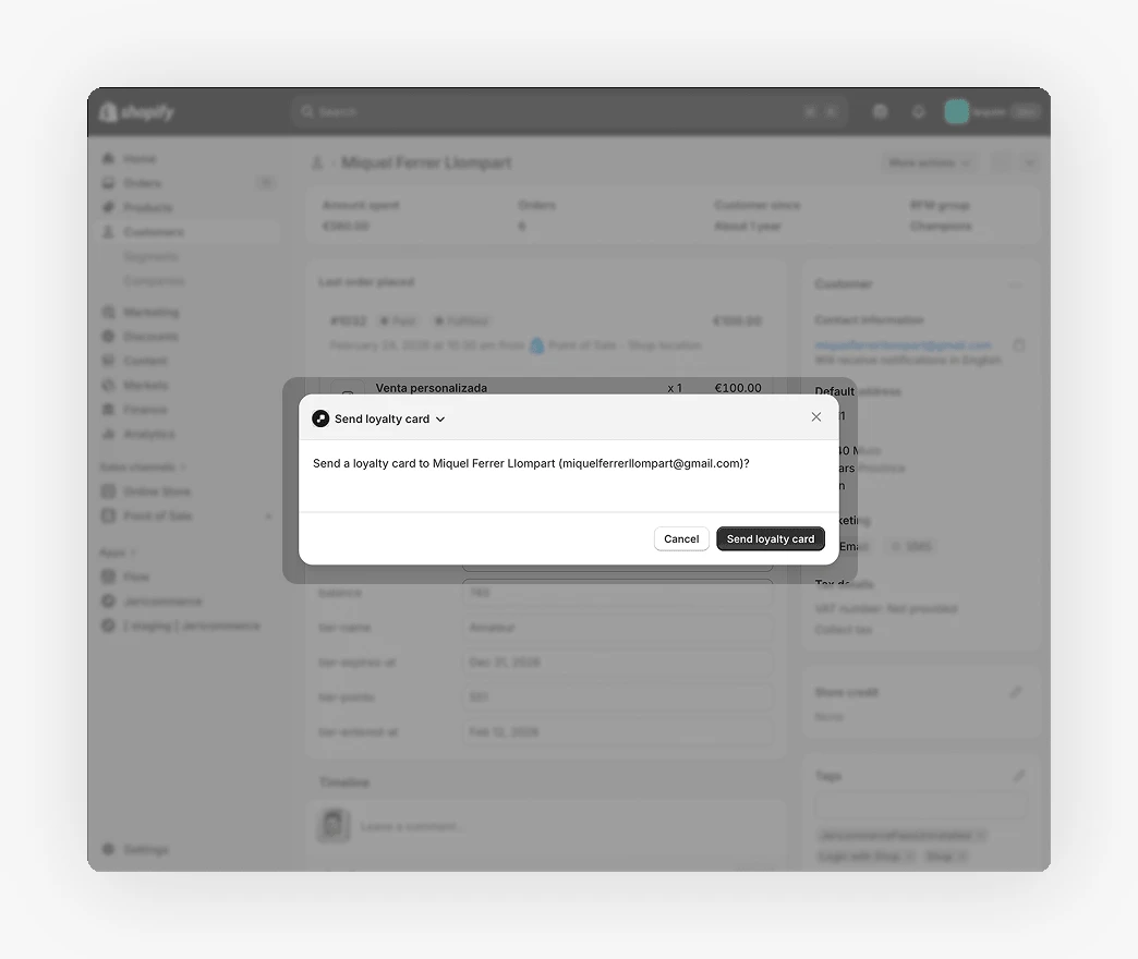 Send loyalty card confirmation modal